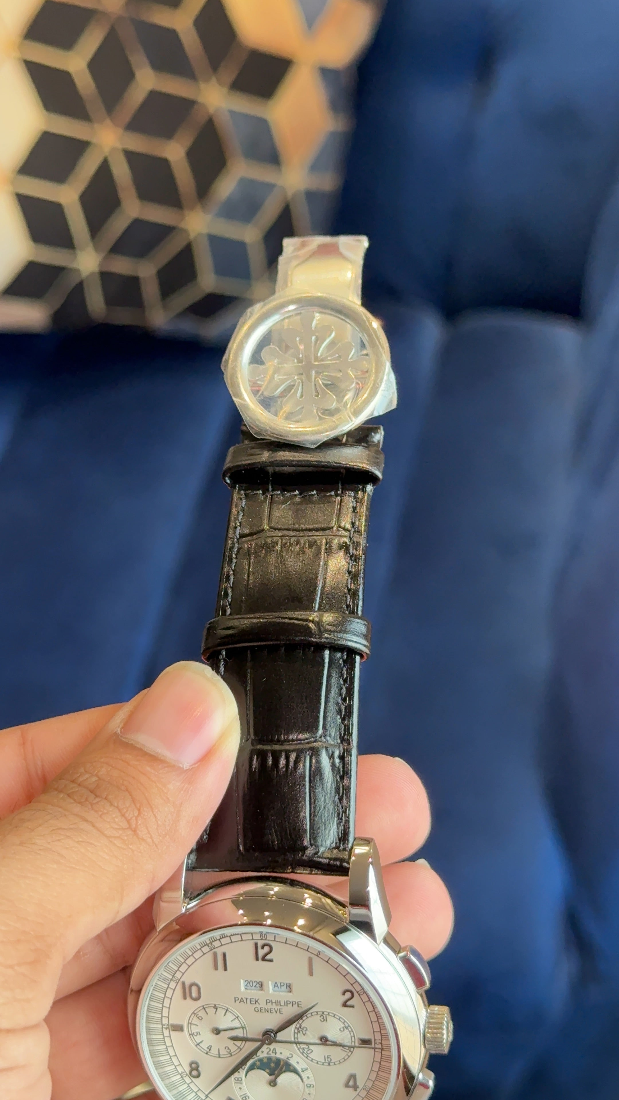 Patek century silver white dial numeric digit black strap