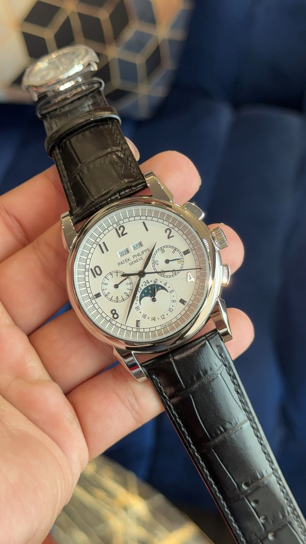 Patek century silver white dial numeric digit black strap