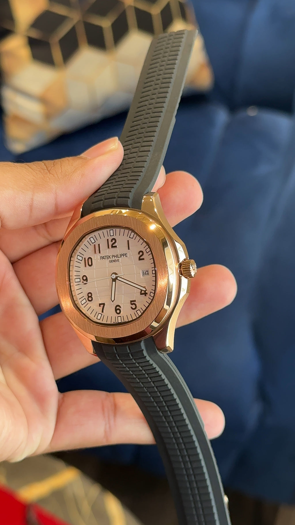 Aquanaut rose white dial black strap auto