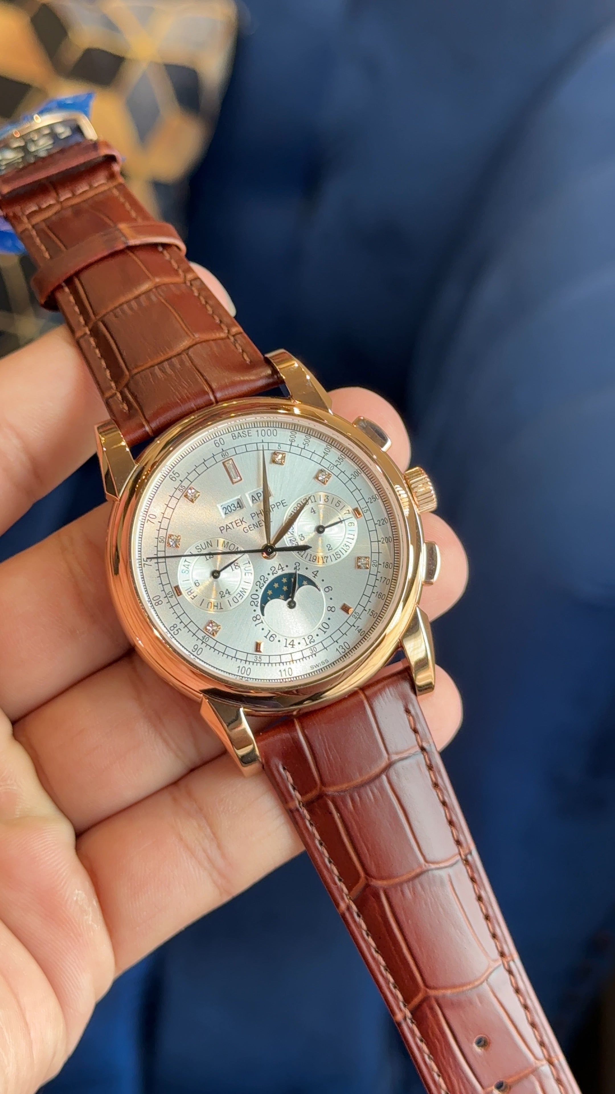 Patek century rose white diamond digit brown strap