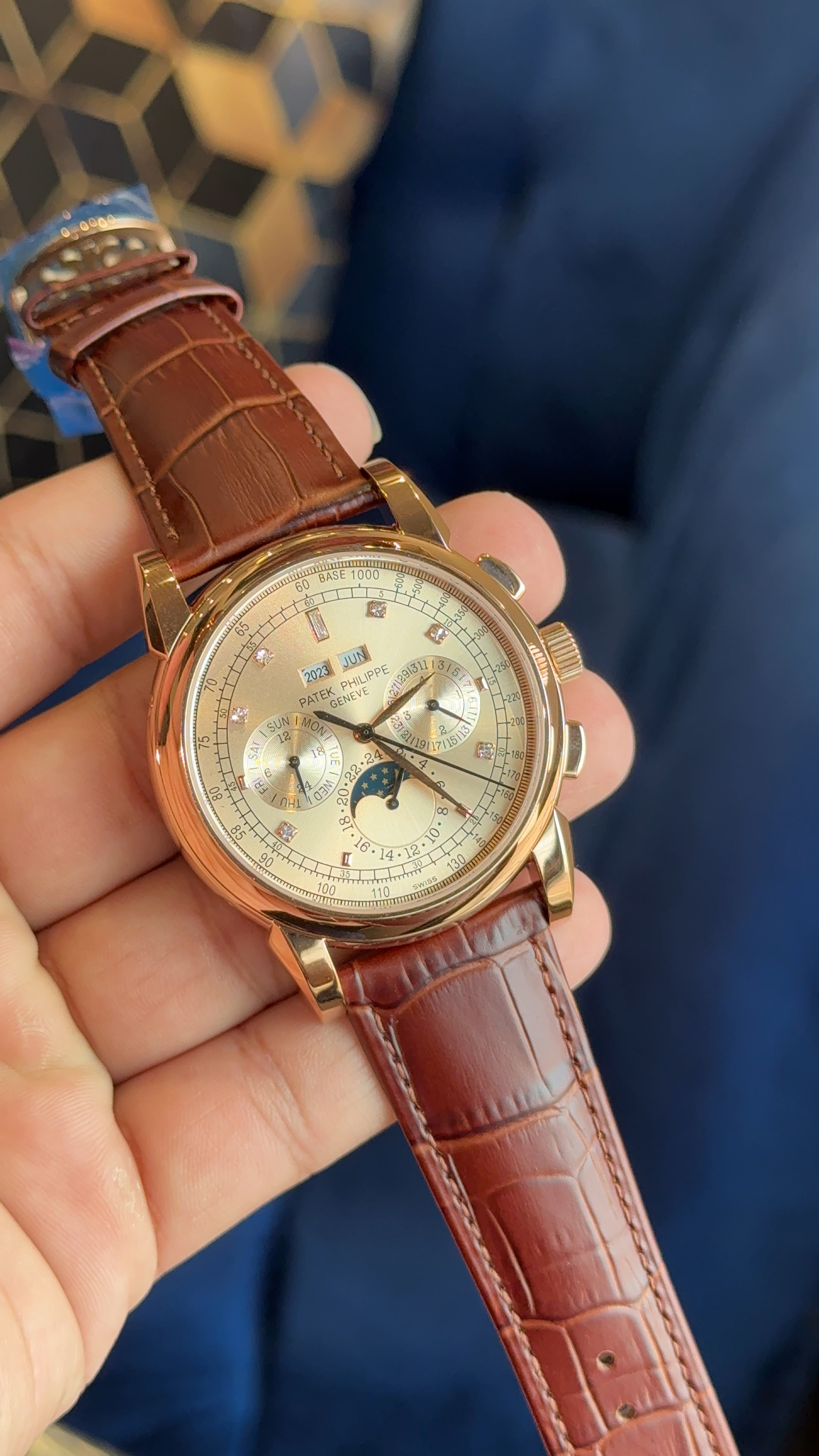Patek century rose gold diamond digit brown strap
