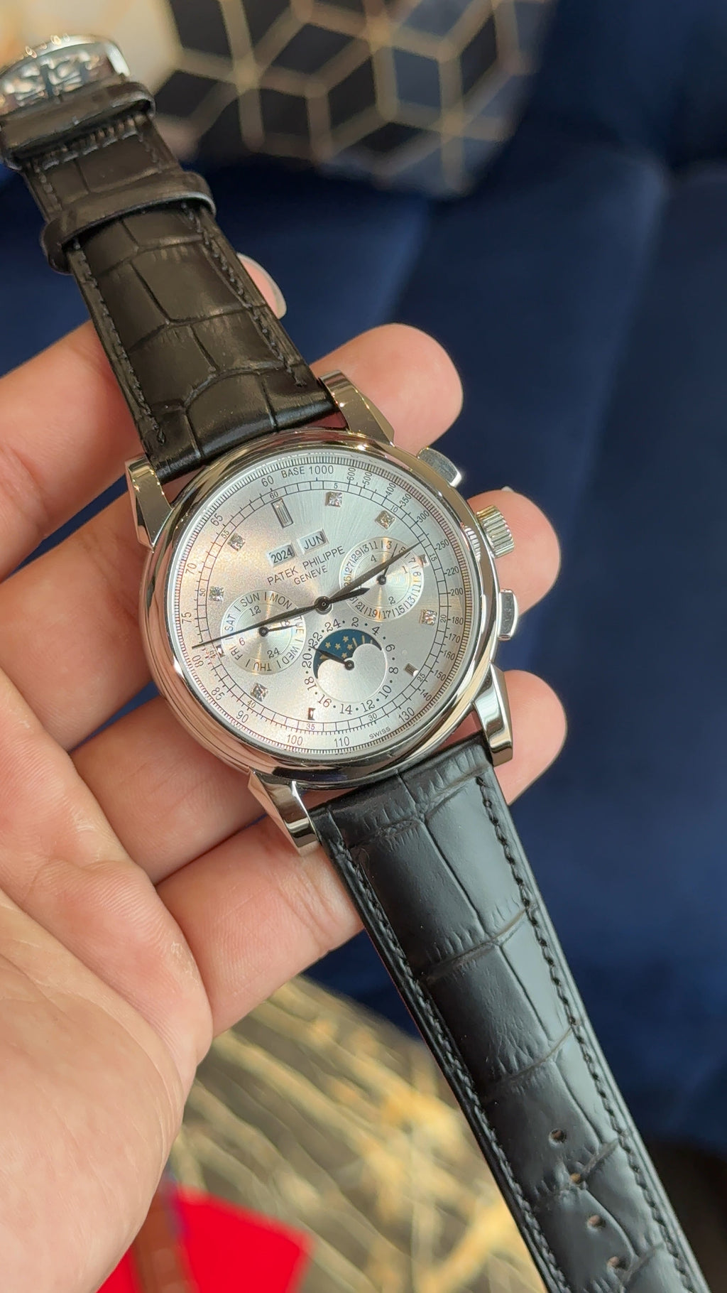 Patek century silver white dial diamond digit black strap