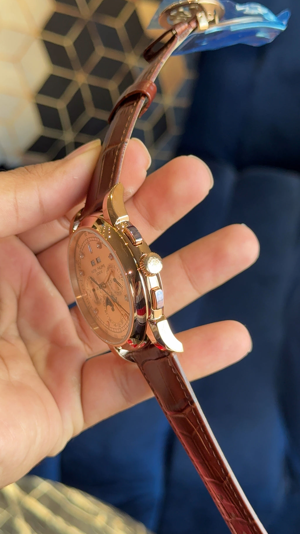 Patek century rose gold diamond digit brown strap