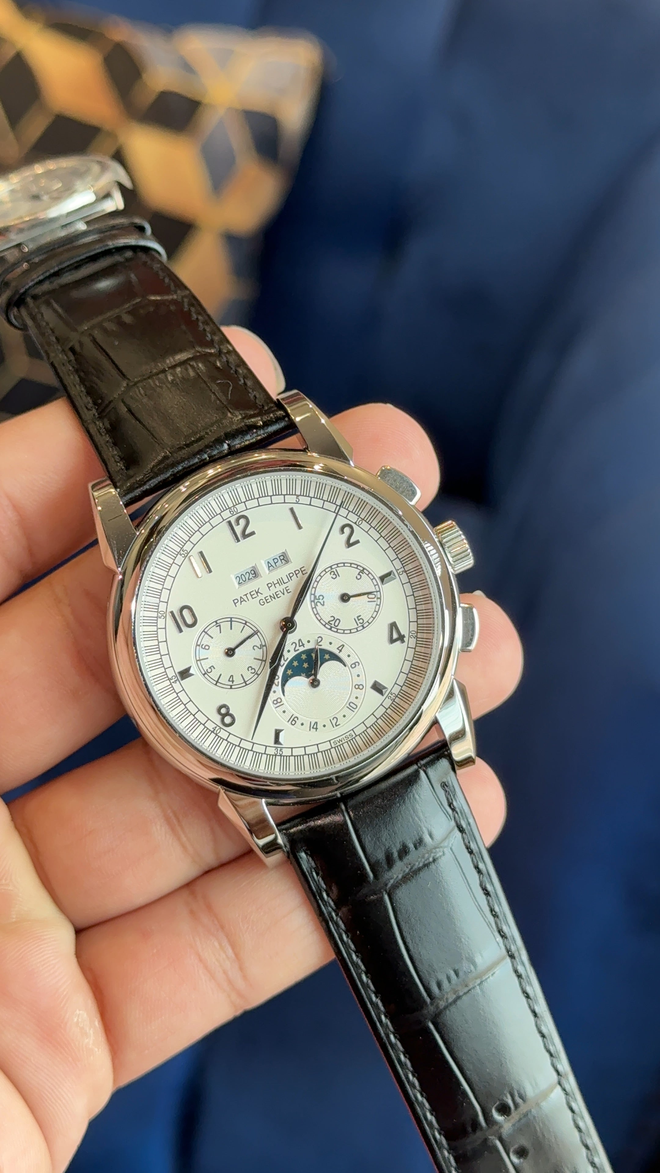 Patek century silver white dial numeric digit black strap