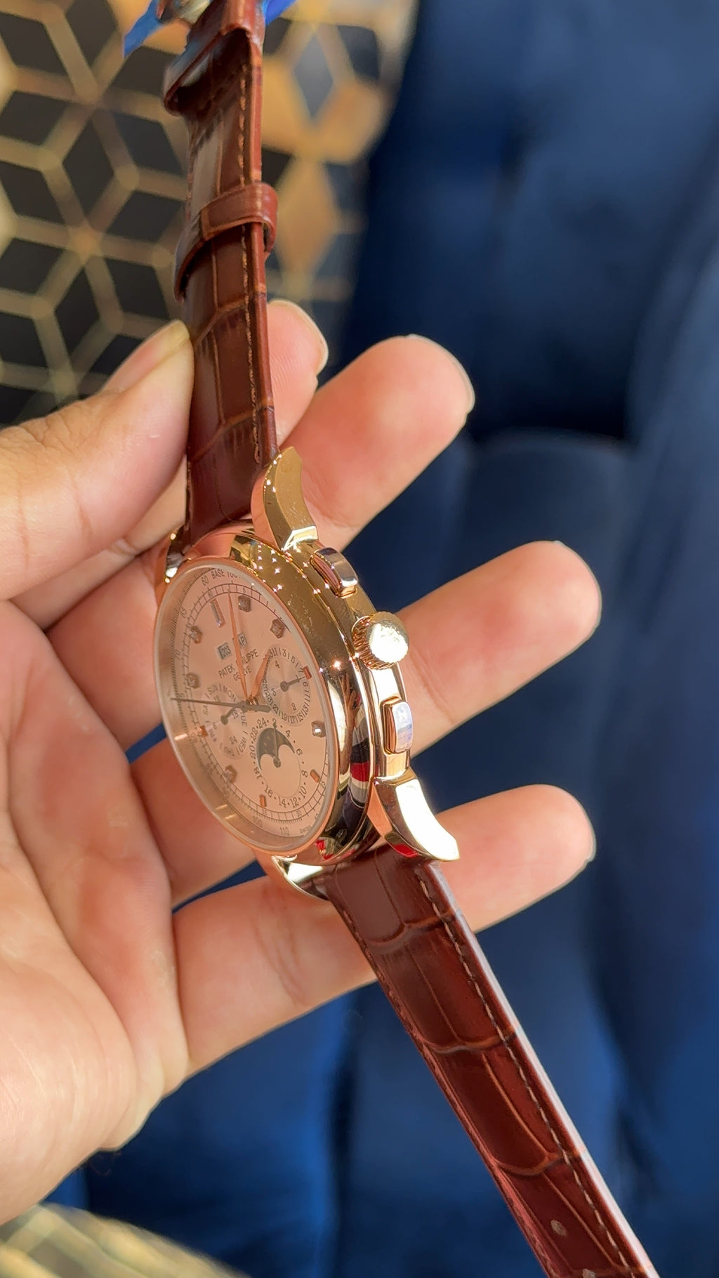 Patek century rose white diamond digit brown strap