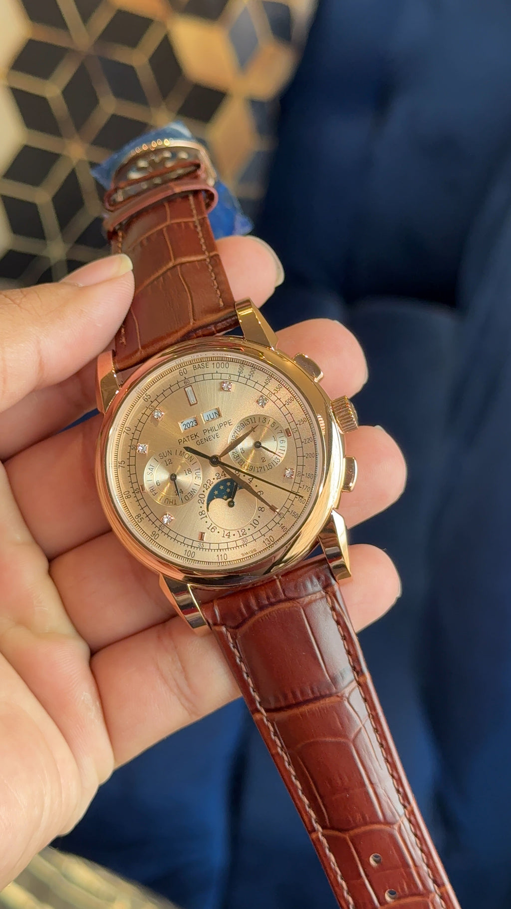 Patek century rose gold diamond digit brown strap