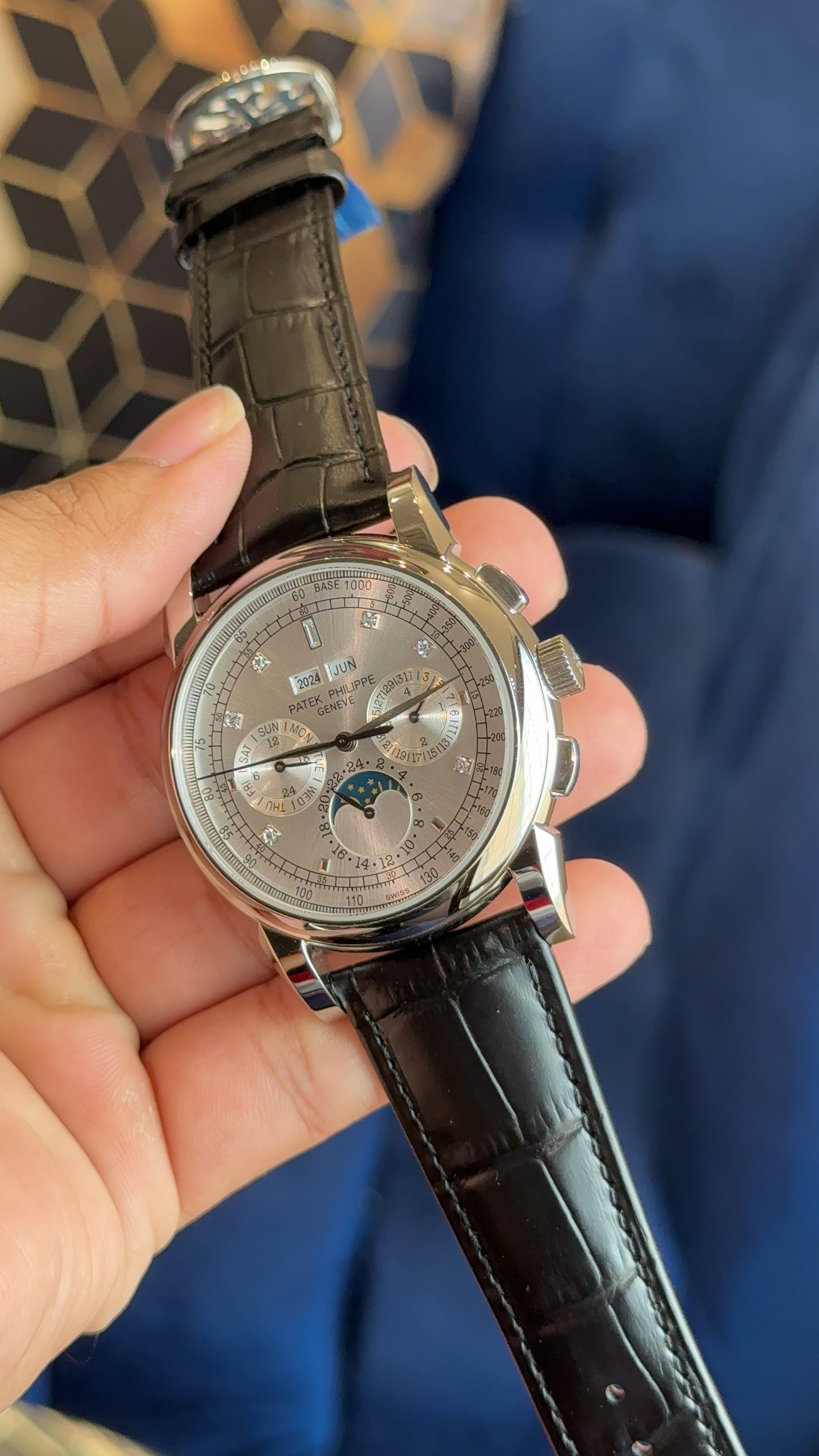 Patek century silver white dial diamond digit black strap