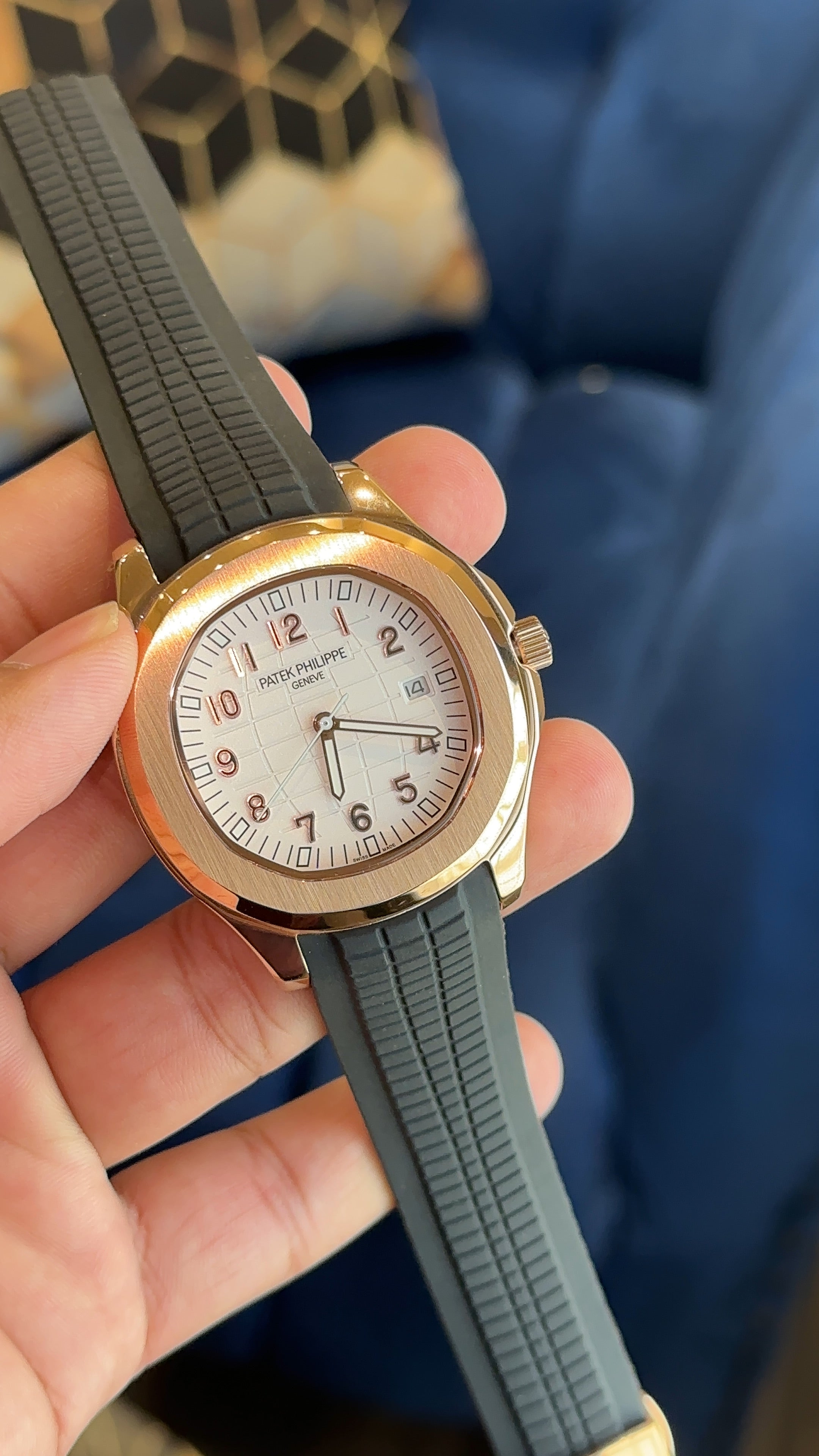 Aquanaut rose white dial black strap auto