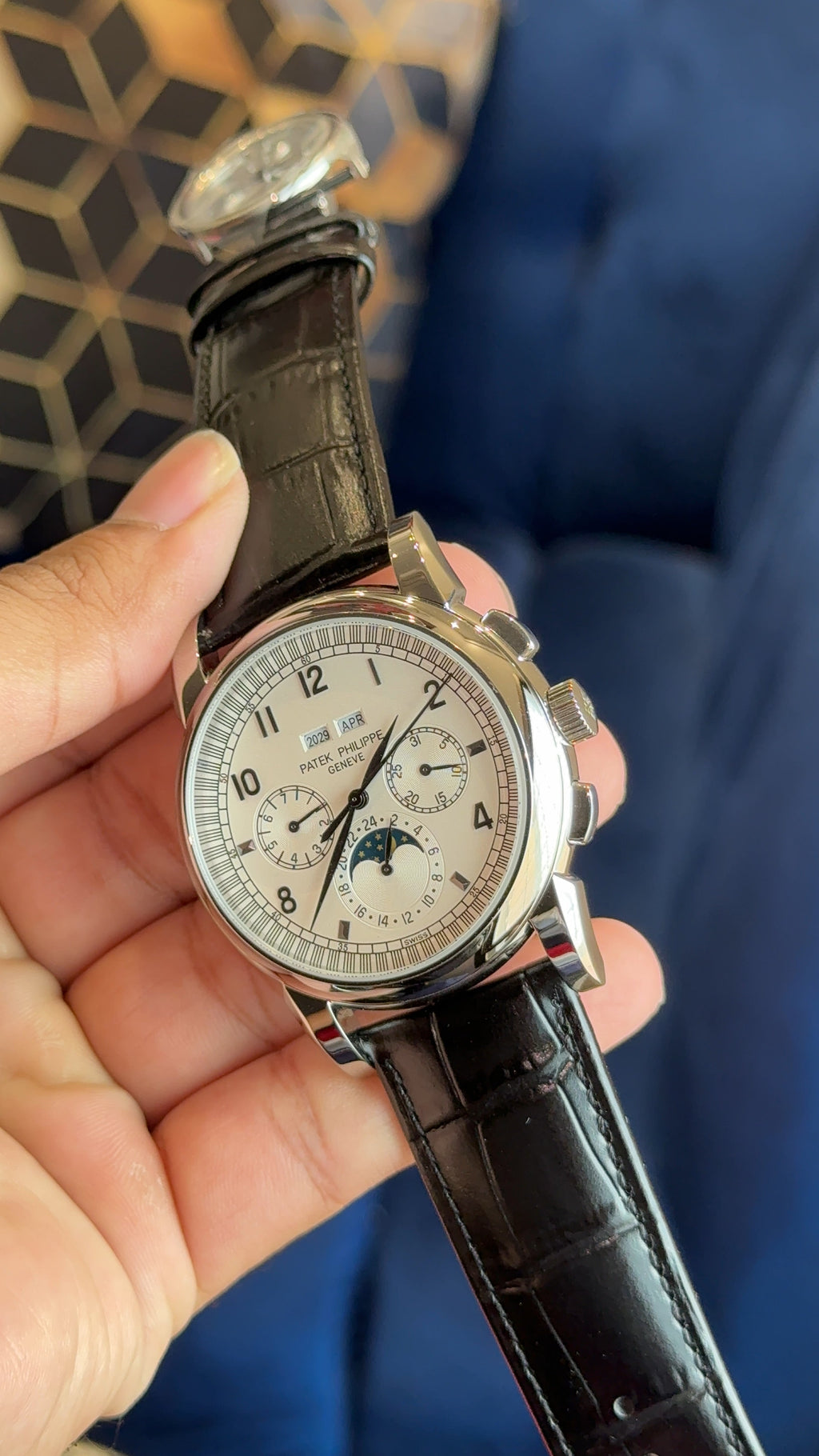 Patek century silver white dial numeric digit black strap
