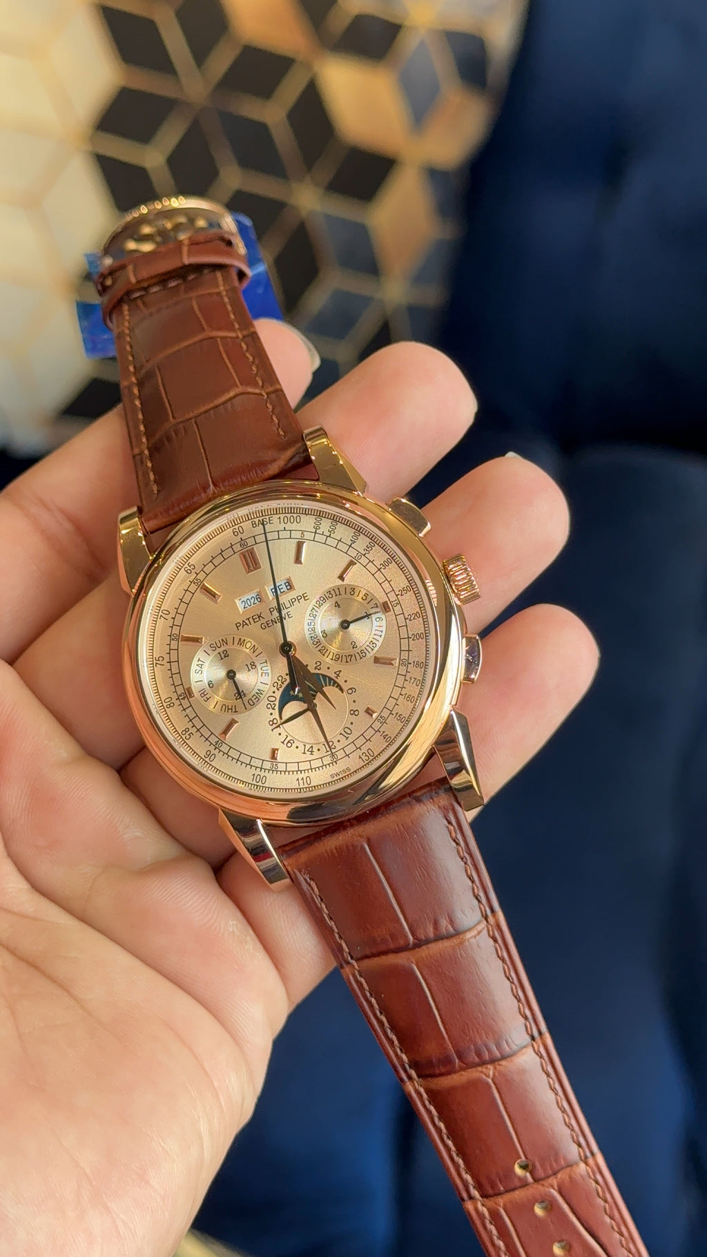 Patek century Rose Gold peach dial gt brown strap