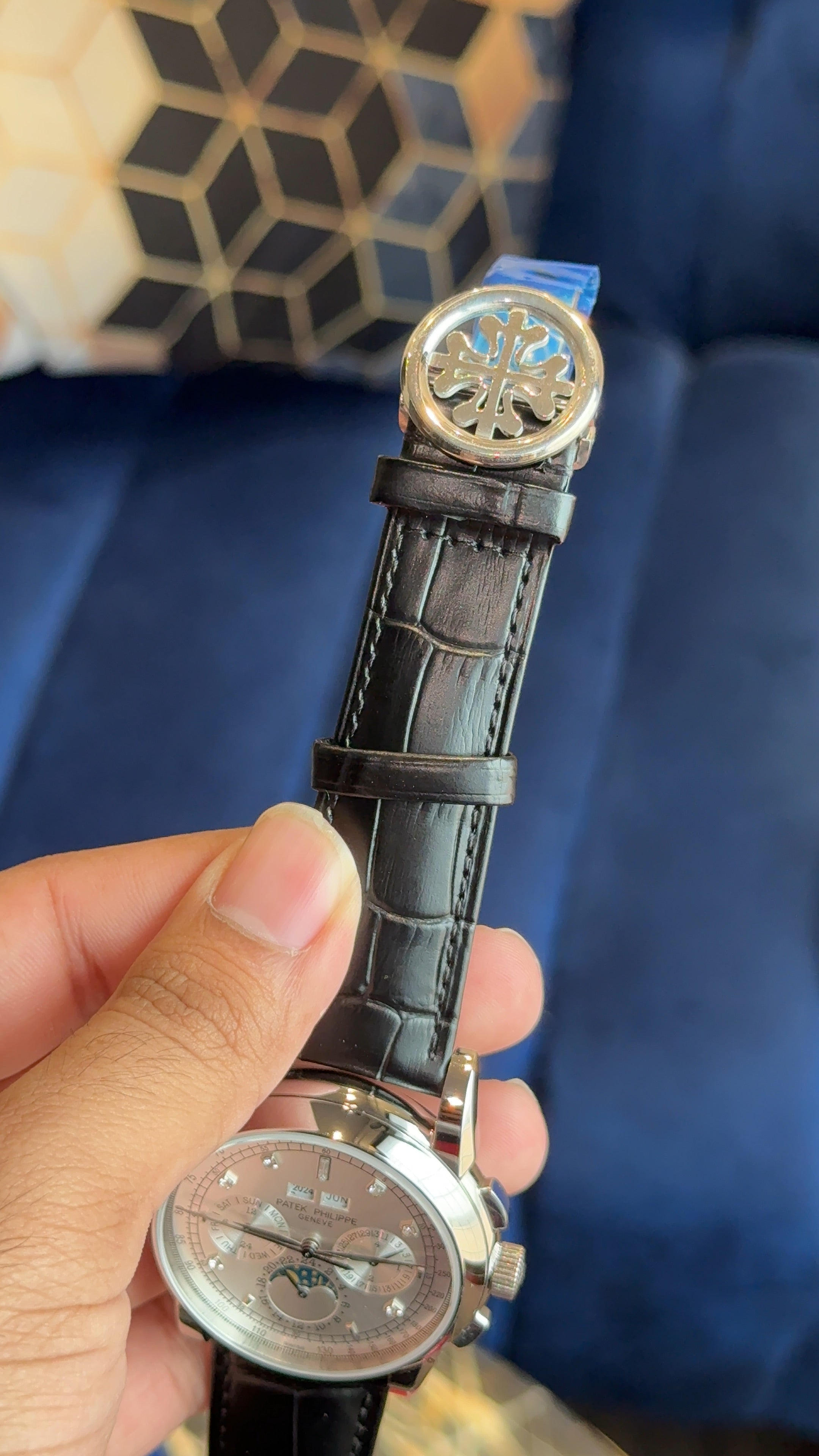 Patek century silver white dial diamond digit black strap