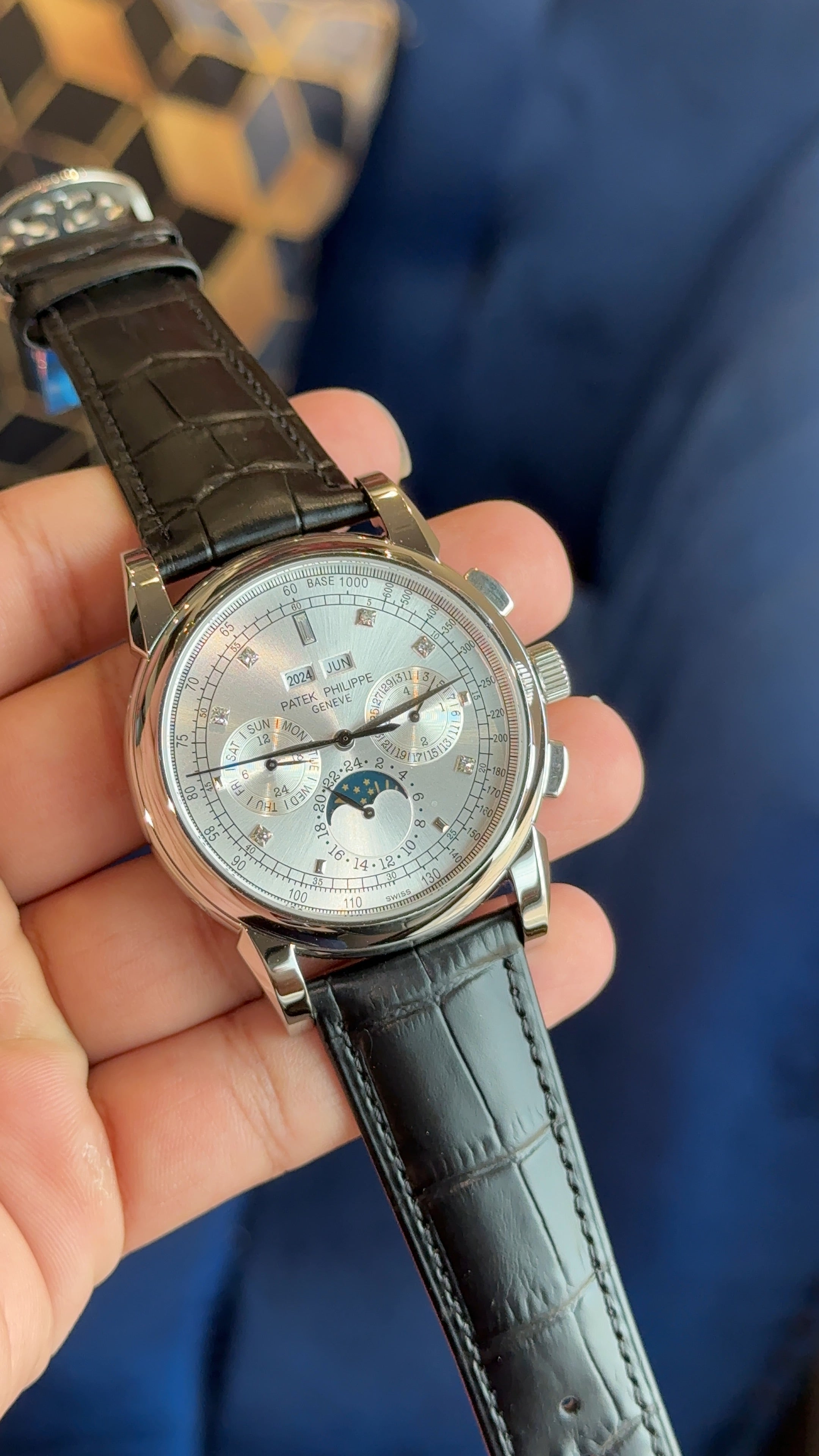 Patek century silver white dial diamond digit black strap