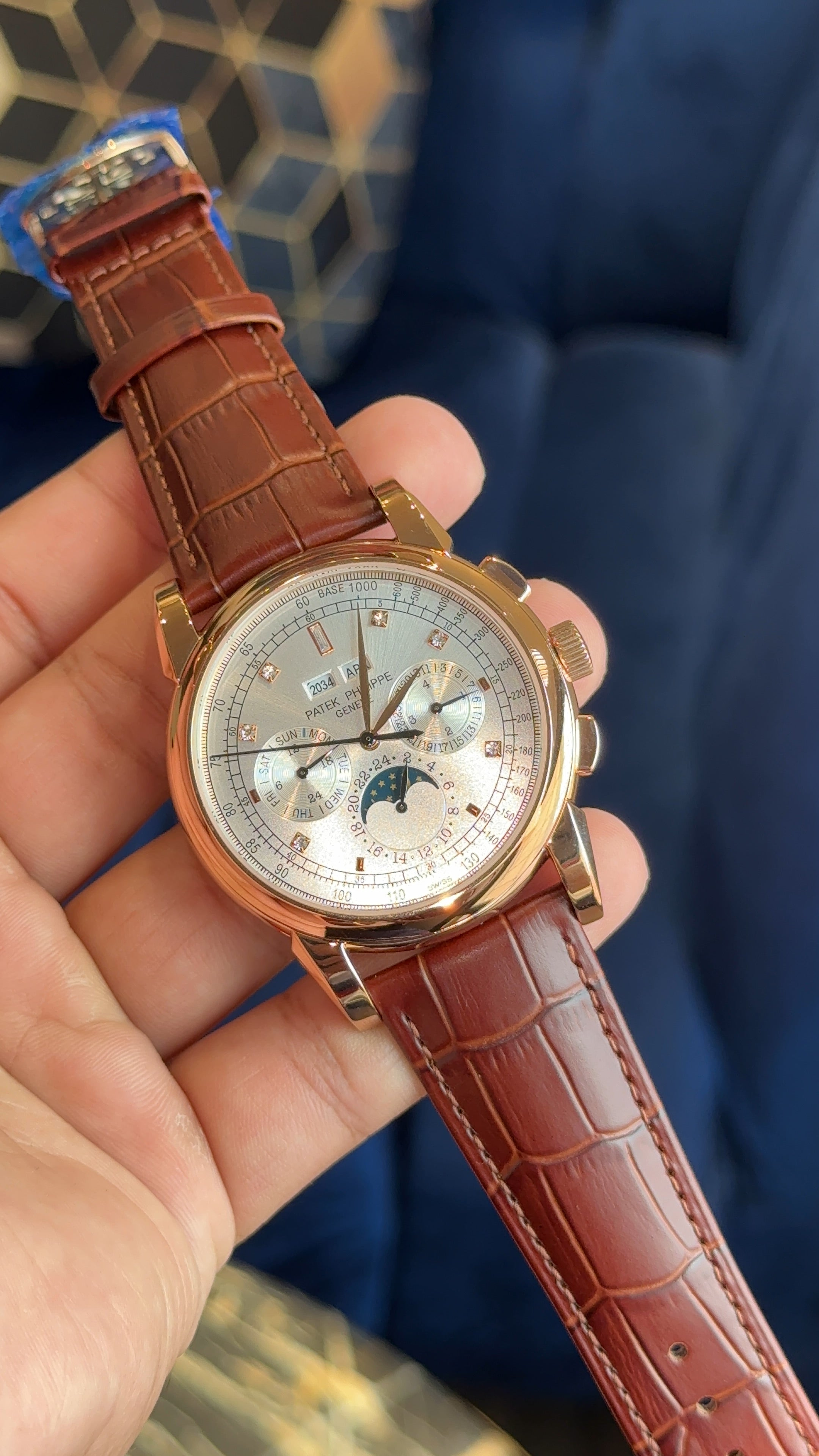 Patek century rose white diamond digit brown strap