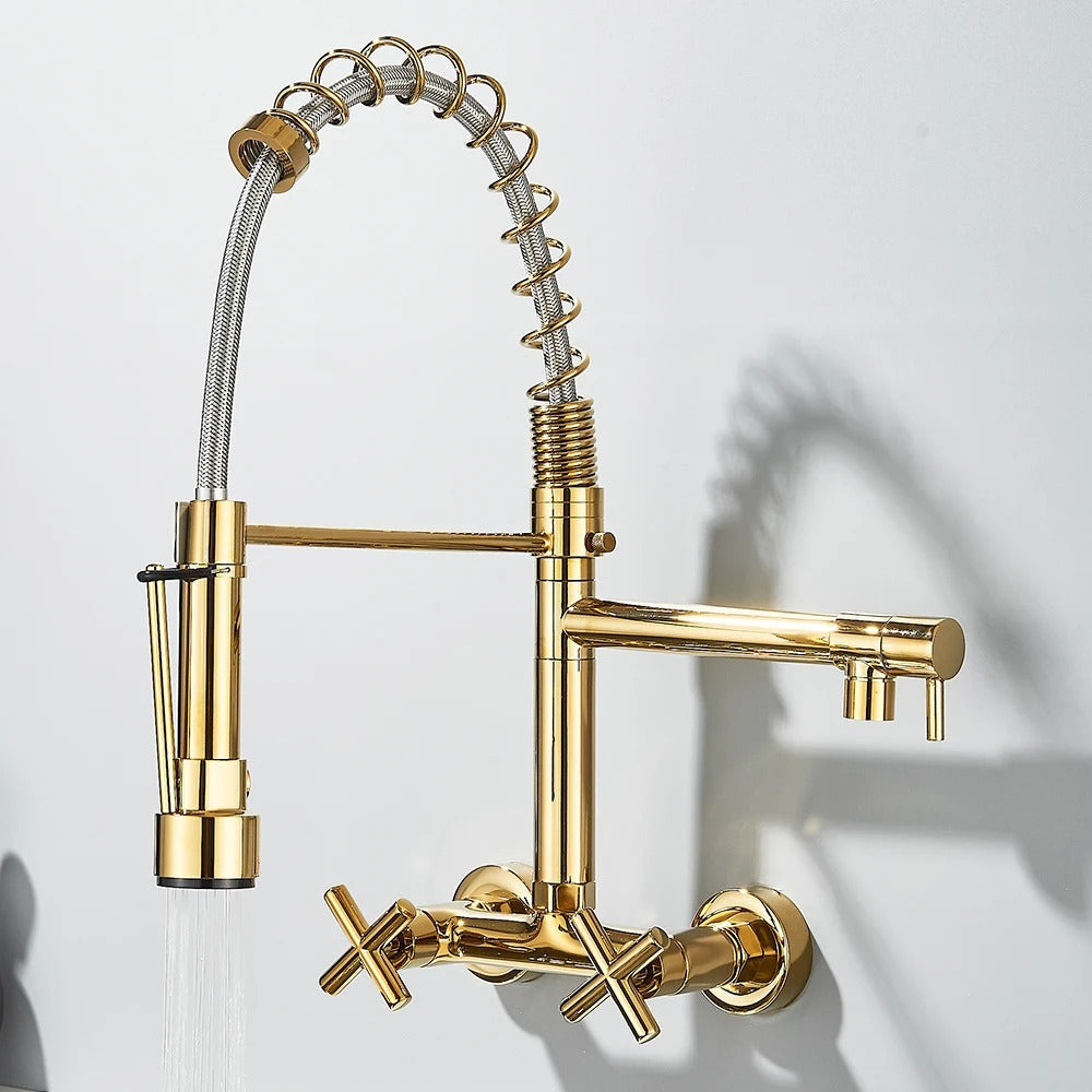 Pull Down Faucet Wall Mounted Spring Hot Cold Water Dual Spouts