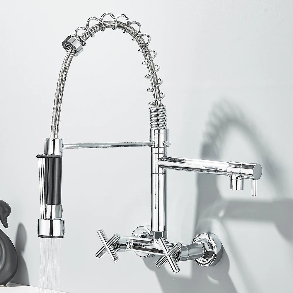 Pull Down Faucet Wall Mounted Spring Hot Cold Water Dual Spouts
