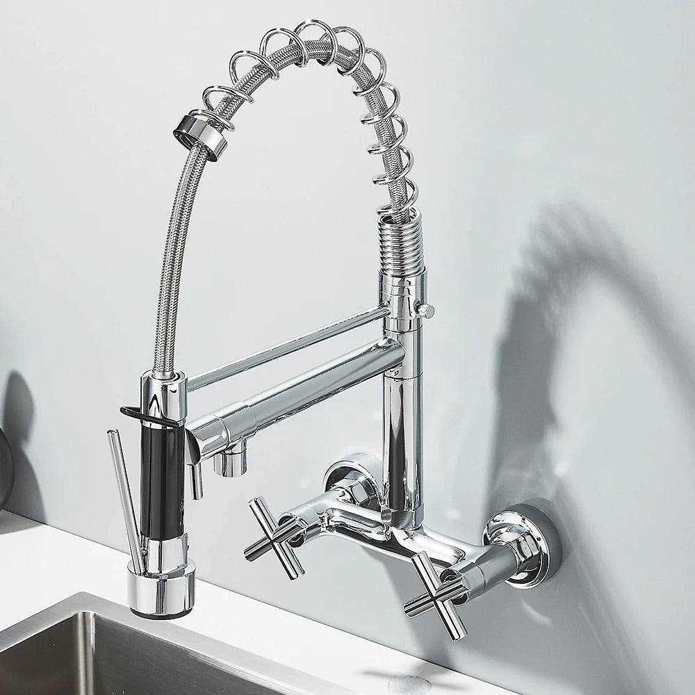 Pull Down Faucet Wall Mounted Spring Hot Cold Water Dual Spouts
