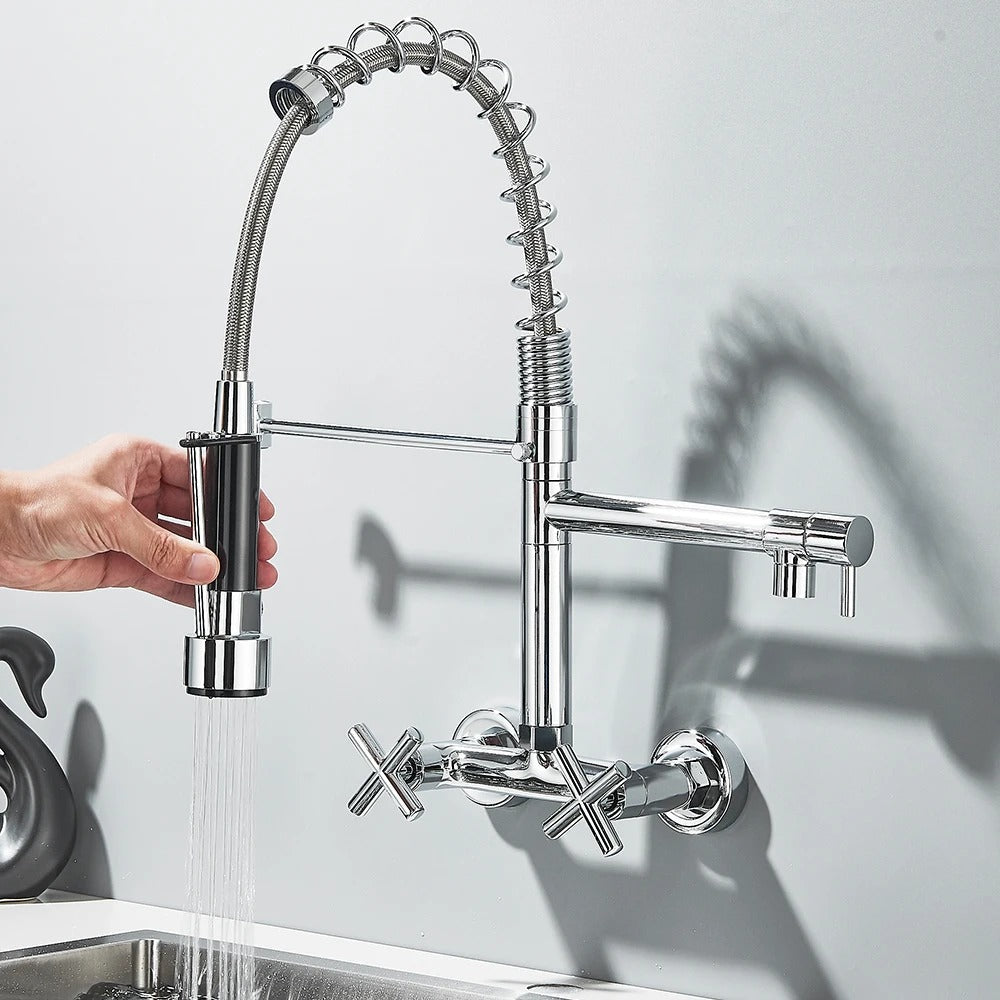 Pull Down Faucet Wall Mounted Spring Hot Cold Water Dual Spouts