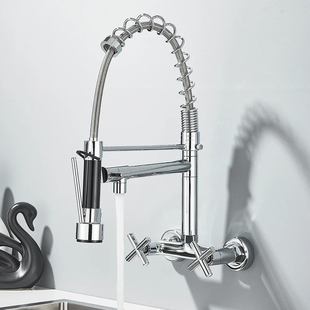 Pull Down Faucet Wall Mounted Spring Hot Cold Water Dual Spouts
