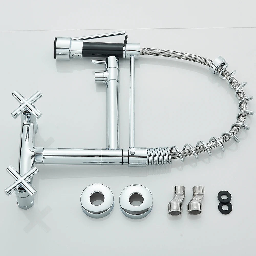 Pull Down Faucet Wall Mounted Spring Hot Cold Water Dual Spouts