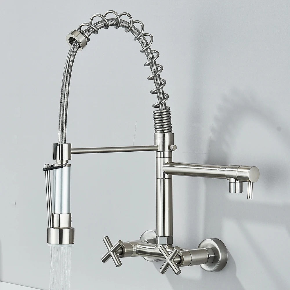Pull Down Faucet Wall Mounted Spring Hot Cold Water Dual Spouts