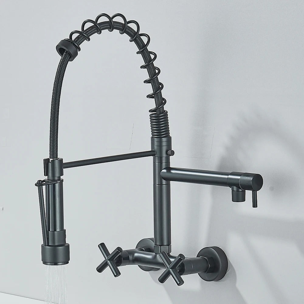 Pull Down Faucet Wall Mounted Spring Hot Cold Water Dual Spouts