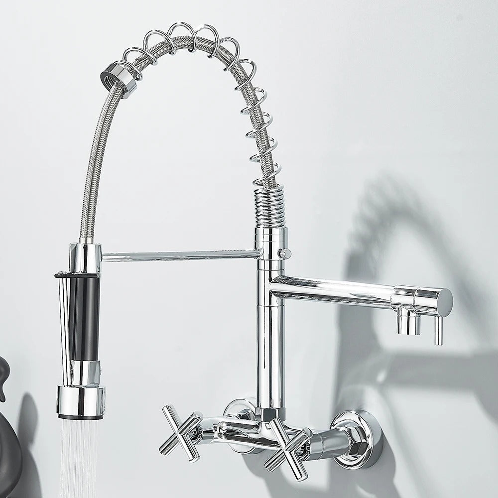 Pull Down Faucet Wall Mounted Spring Hot Cold Water Dual Spouts